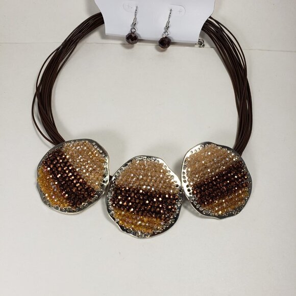 Signature NYC, Multi layers Brown Cord 3 Beaded Big Silver discs, & Earrings set - Picture 8 of 9